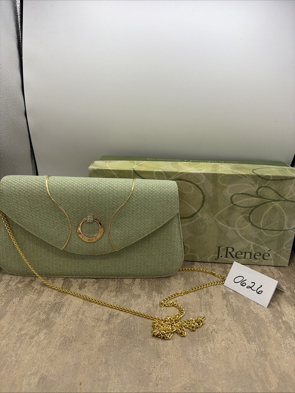 J Renee “Nilo” Evening Clutch Purse In Mint Green Fabric Rhinestone Snap Closure